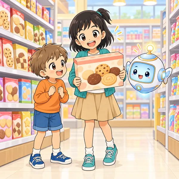 スーパーで、ミオが大きなお菓子の箱を持っている。