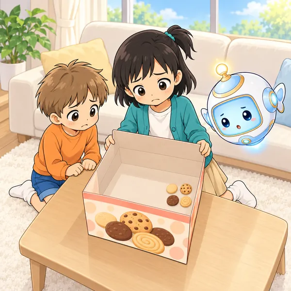 家で、ミオが箱の中のすきまを見てがっかりしている。