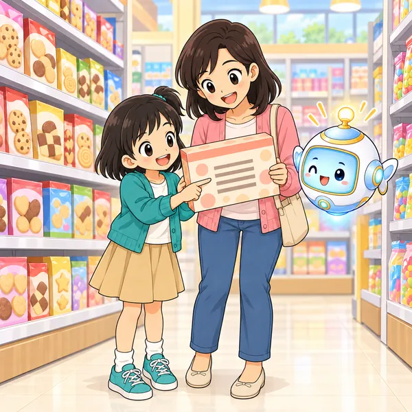 スーパーで、ミオと母が箱のうらの表示を見ている。