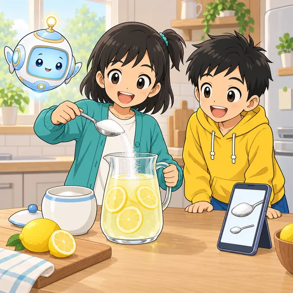 ミオの家の台所で、ミオが小さな画面をちらっと見ながら大きいスプーンで砂糖を入れている。