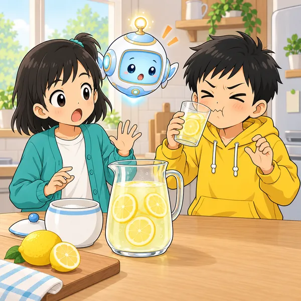 レモン水を飲んだハルが、あまくて顔をしかめている。
