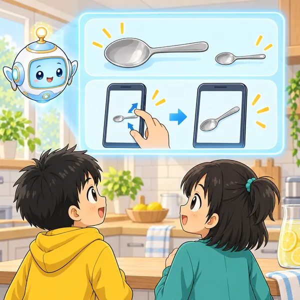 AIロボットが、大小のスプーンと、画面を指で広げる絵を窓に見せている。