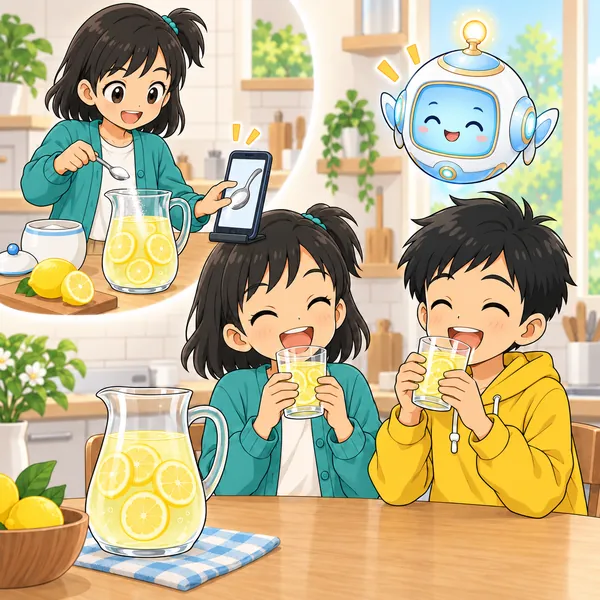 画面を広げて確かめたミオが小さいスプーンで砂糖を入れ、ふたりがおいしそうに飲んでいる。