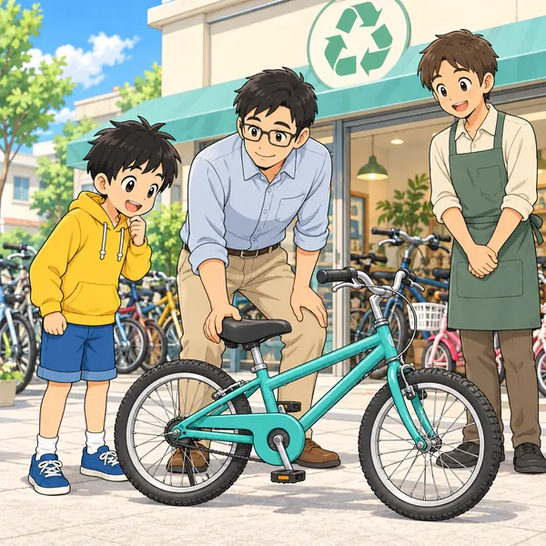 リサイクルショップで、父がハルに合う自転車を見ている。