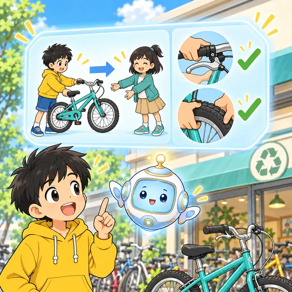 AIロボットが、自転車が次の人へわたる絵と、ブレーキとタイヤを確かめる絵を見せている。
