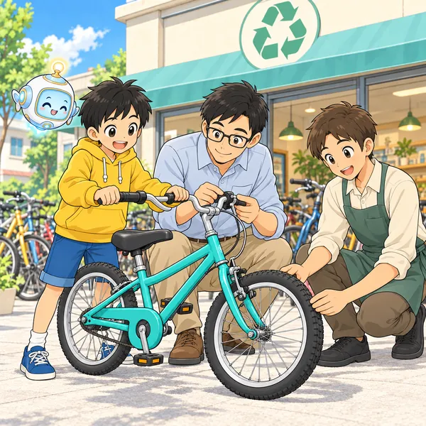 父とお店の人が自転車を点検するそばで、ハルがうれしそうにハンドルをにぎっている。