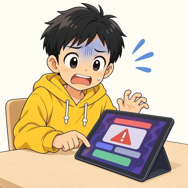 ハルがタブレットで届いたメッセージのリンクを、なにげなく指で押してしまい、見慣れない画面が出て青ざめている