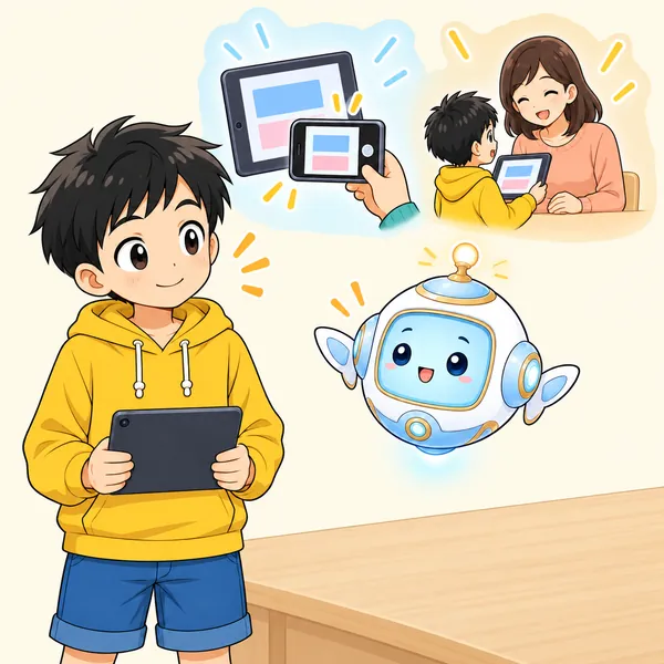 アイがハルのそばに浮かび、画面を撮ることと大人に見せることをやさしく示している
