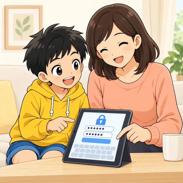 リビング。ハルがやさしい大人(お母さん)にタブレットの画面を見せて説明し、大人が落ち着いた顔でパスワードを変える手伝いをしている