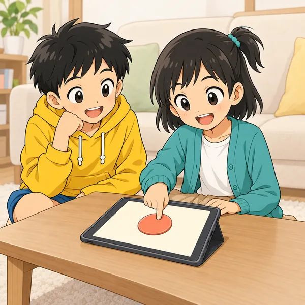 ミオがタブレットのスタート画面の丸いボタンを押し、ハルが横で見ている。