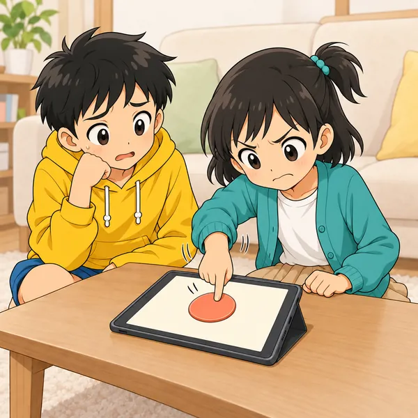 ミオがボタンを何度も押して少しいらいらし、ハルがこまっている。