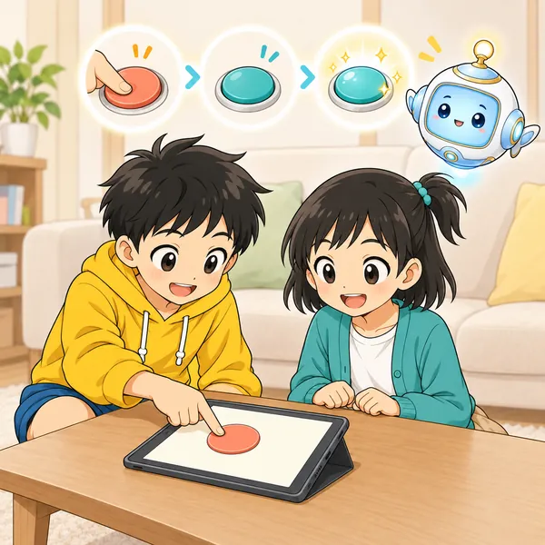 AIロボットがボタンがへこんで光る3つの絵を並べ、ハルが直している。