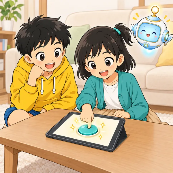 ミオがボタンを押すとへこんで光り、ミオとハルがにっこりしている。