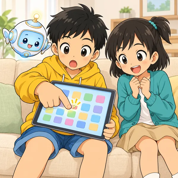 ハルがタブレットのゲームで、小さなボタンのとなりを押してしまい、あっという顔をしている。