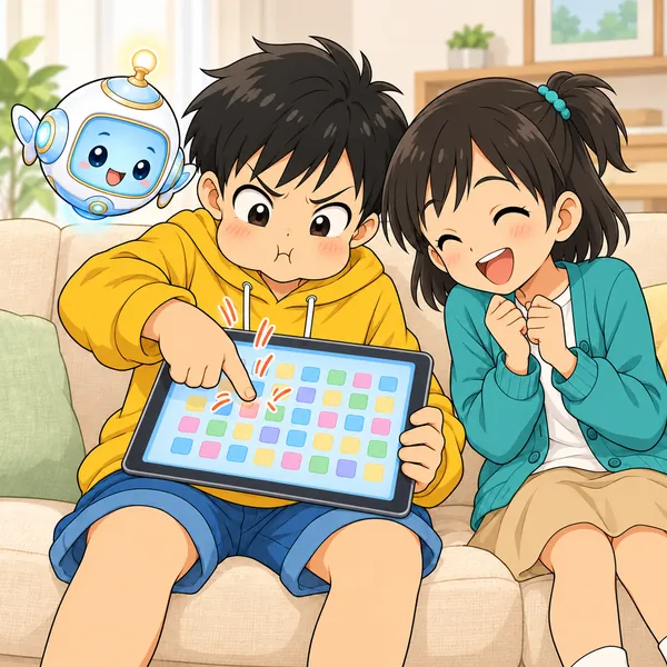 押しまちがえてほおをふくらませるハルを、ミオが笑いながらのぞきこんでいる。