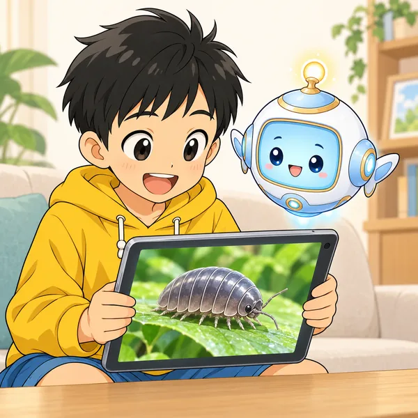 ハルが自分のタブレットでダンゴムシの動画に夢中になり、AIロボットがとなりにいる。