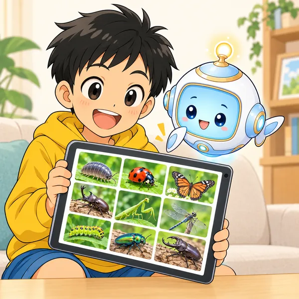 ハルのタブレットのおすすめに虫の絵がずらりと並び、AIロボットが指さしている。