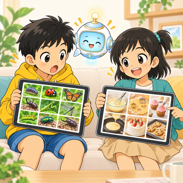 ミオのおすすめにはお菓子づくりの絵が並び、ハルが自分の画面と見比べておどろいている。