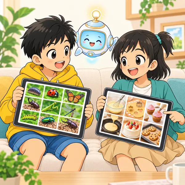 ハルとミオがおたがいのタブレットを見せ合って楽しそうに話し、AIロボットがにこにこしている。