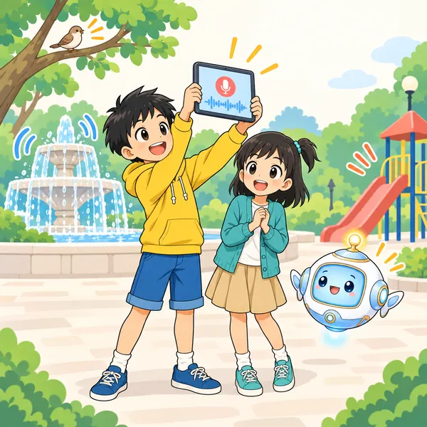 公園の広場のまんなかで、ハルがタブレットを高くかかげて録音している。