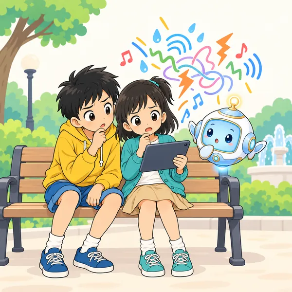 ベンチで録音を聞いたミオが、音がまざっていてこまっている。