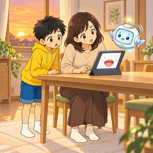 母が言い直し、ハルがおどろいて見ている。