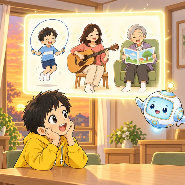 AIロボットが、子どもから大人まで練習している絵を見せている。