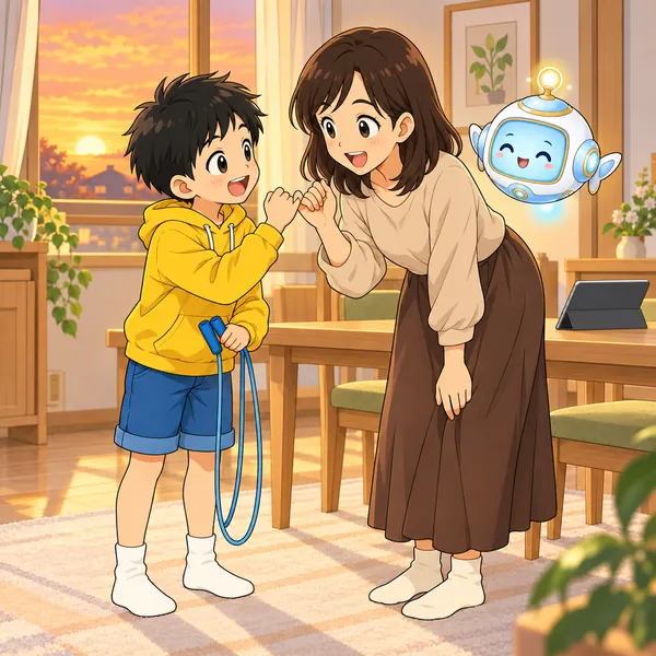 ハルがなわとびを持ち、母と指切りしている。
