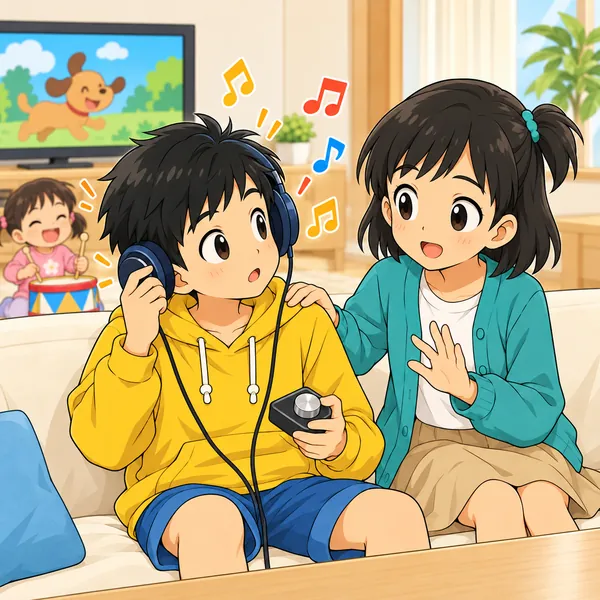 ハルのヘッドホンから音がもれ、ミオが肩に手をおいて話しかけている。