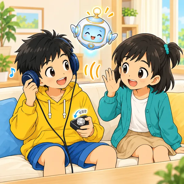 静かな部屋で、ハルが小さめの音量でヘッドホンを使い、笑っている。