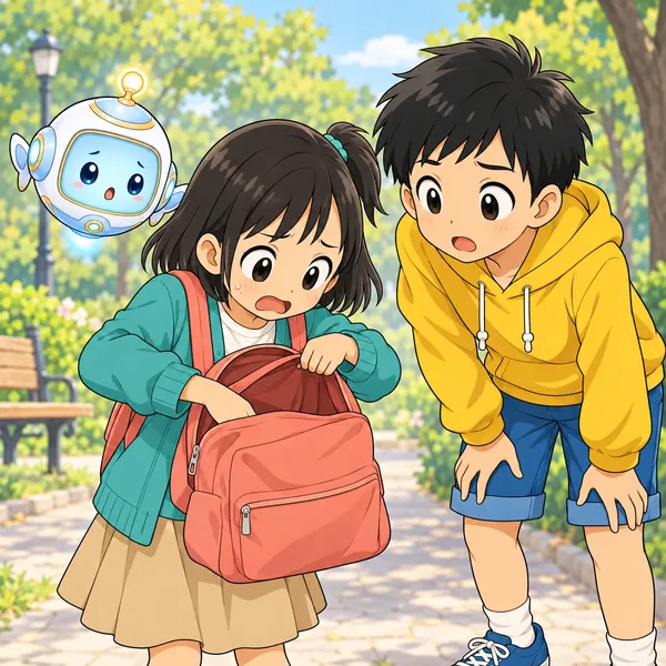 公園の帰り道、ミオがリュックのポケットをさがしてあわて、ハルがのぞきこんでいる。