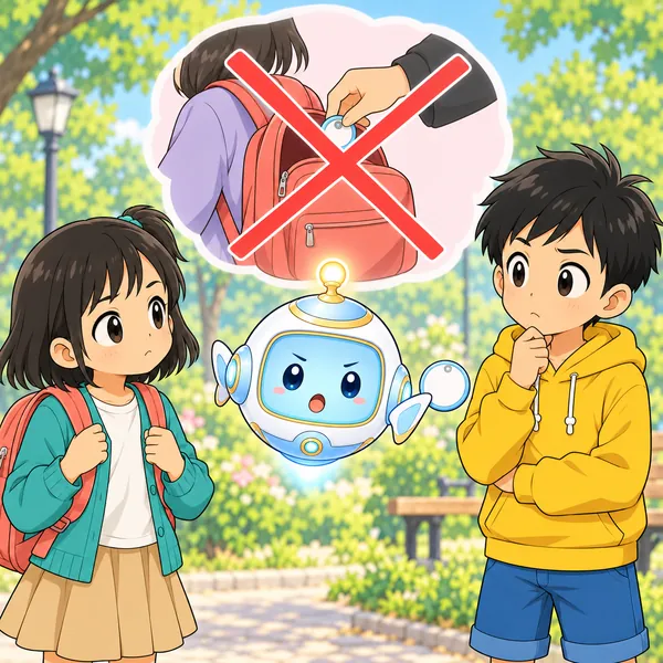AIロボットが、小さなタグを持ち、人のかばんにこっそり入れる手の絵に×をつけた図をうかべている。