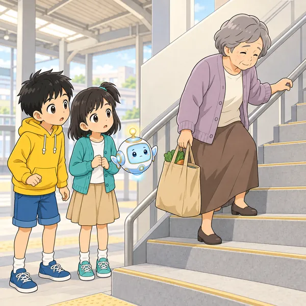 駅の階段。荷物を持ったお年よりが、一段ずつゆっくり上がっている