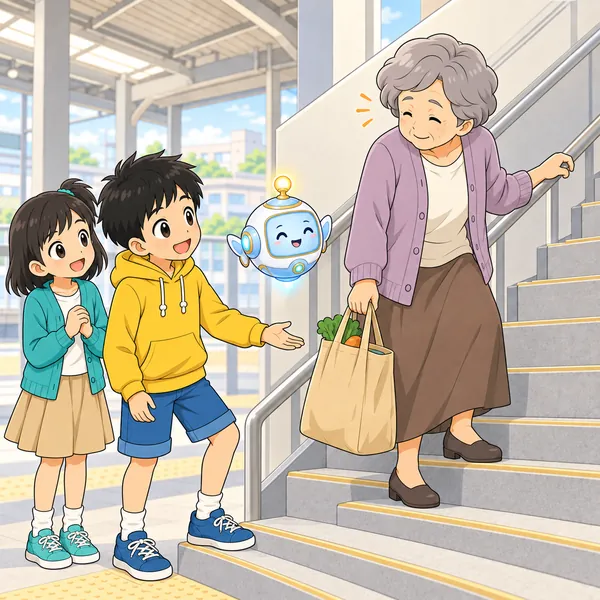 ハルが「持ちましょうか」と声をかけ、お年よりが笑顔でうなずいている