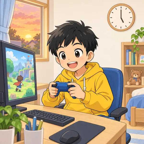 夕方の部屋。ハルがゲームを始めるところ