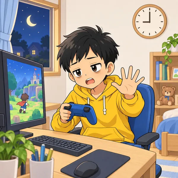 夜。「あと5分」と言いながら、まだ続けている