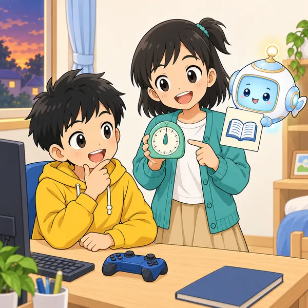 ミオとアイが、キッチンタイマーと、終わったあとにやることを書いた小さなメモを見せている