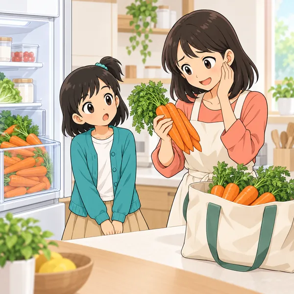 台所。母が買い物のことで困っていたり、うまくいかなかったりする様子を、ミオが見ている