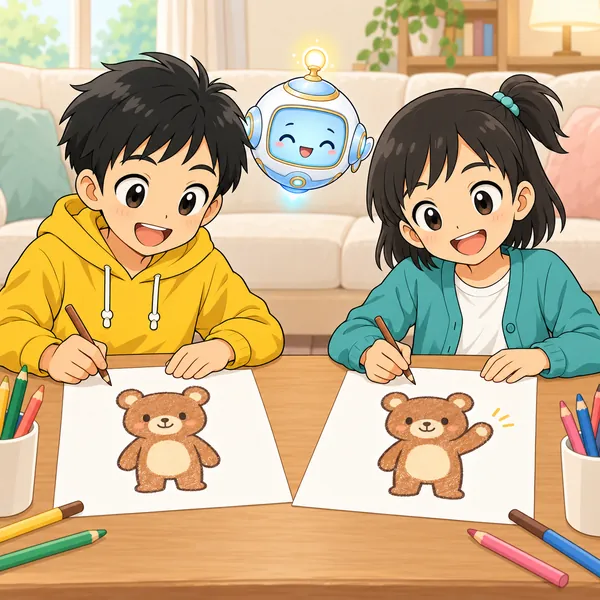 ハルとミオが紙に、手を下げたくまと手を上げたくまの絵を描いている。
