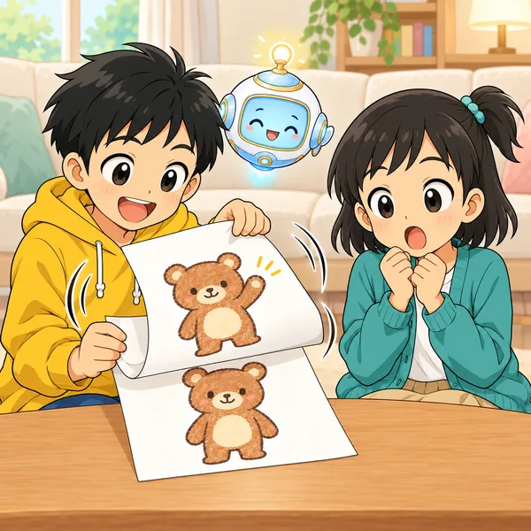 ハルが2枚の紙をすばやく交互にめくり、ミオが目をまるくしている。