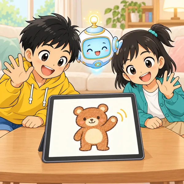タブレットのくまが手をふり、ハルとミオが手をふり返して笑っている。