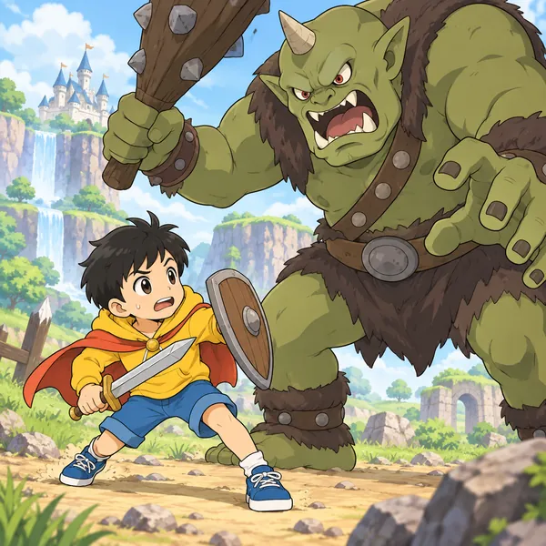 ゲームの画面の中の場面。ハルに似た勇者キャラが一人で強い敵に立ち向かい、負けそうになっている