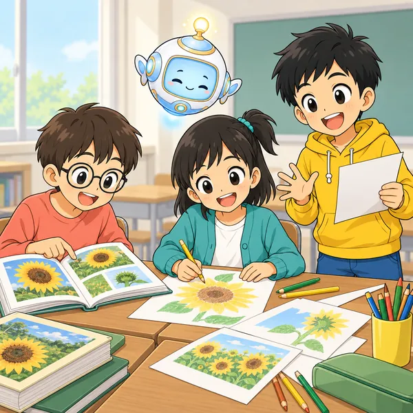 ミオと友だち2人が集まり、絵・調べもの・発表と役割を分けている
