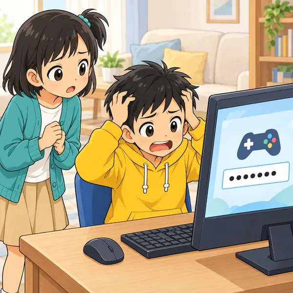 パソコンのパスワード入力欄を前に、ハルが思い出せずに頭をかかえ、ミオがとなりにいる。