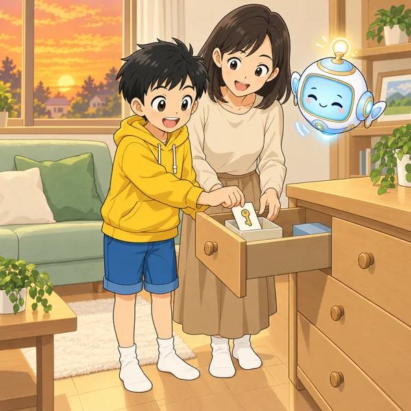 ハルと母が、引き出しの箱に紙をしまっている。