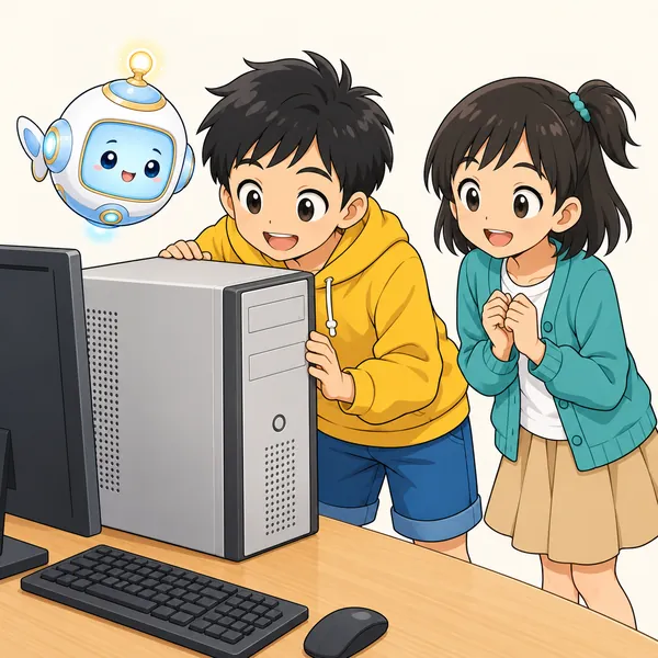 ハルとミオが、机の上のデスクトップパソコンをのぞきこんでいる。