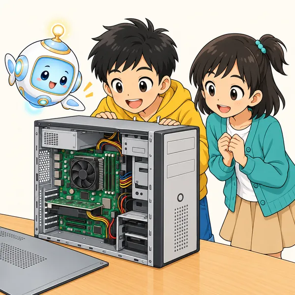 側面のふたを開けたパソコンの中が見え、AIロボットが部品を指さして説明している。