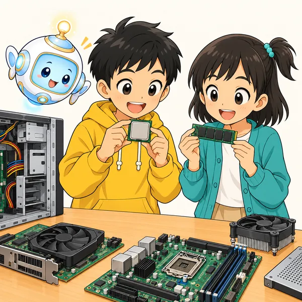 ハルとミオが、取り出した部品を手に持って見比べている。机にも部品が並ぶ。