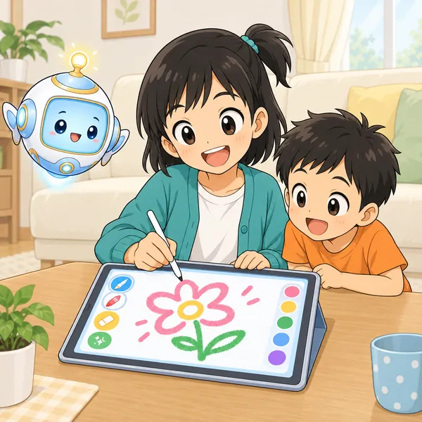 ミオがタブレットで、お花の絵を太いペンで描いている。