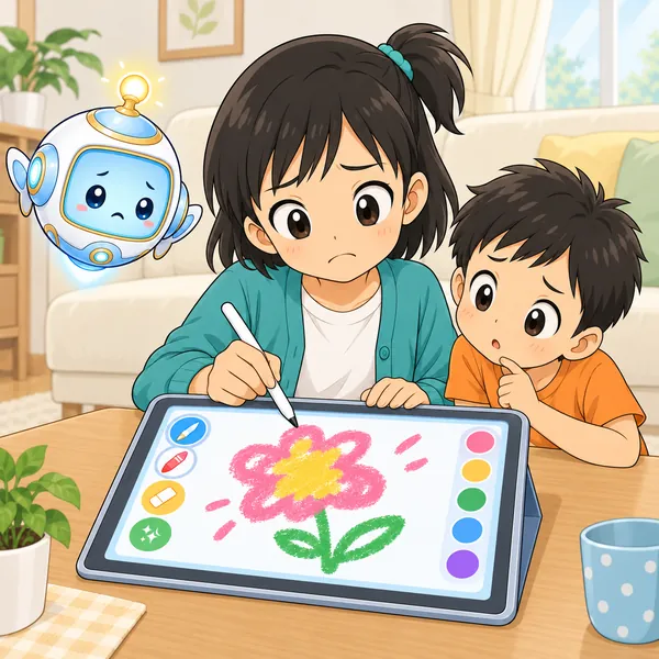 小さな花びらが太い線でつぶれて、ミオがこまっている。